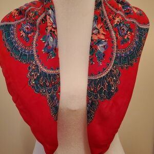 Scarf Red Floral Pattern Square 27 1/2 X 27 1/2 Blue/Pink And Green Flowers